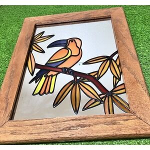 Vintage Toucan Decor 1980s Vibrant Stained Glass Mirror Tropical 19X15